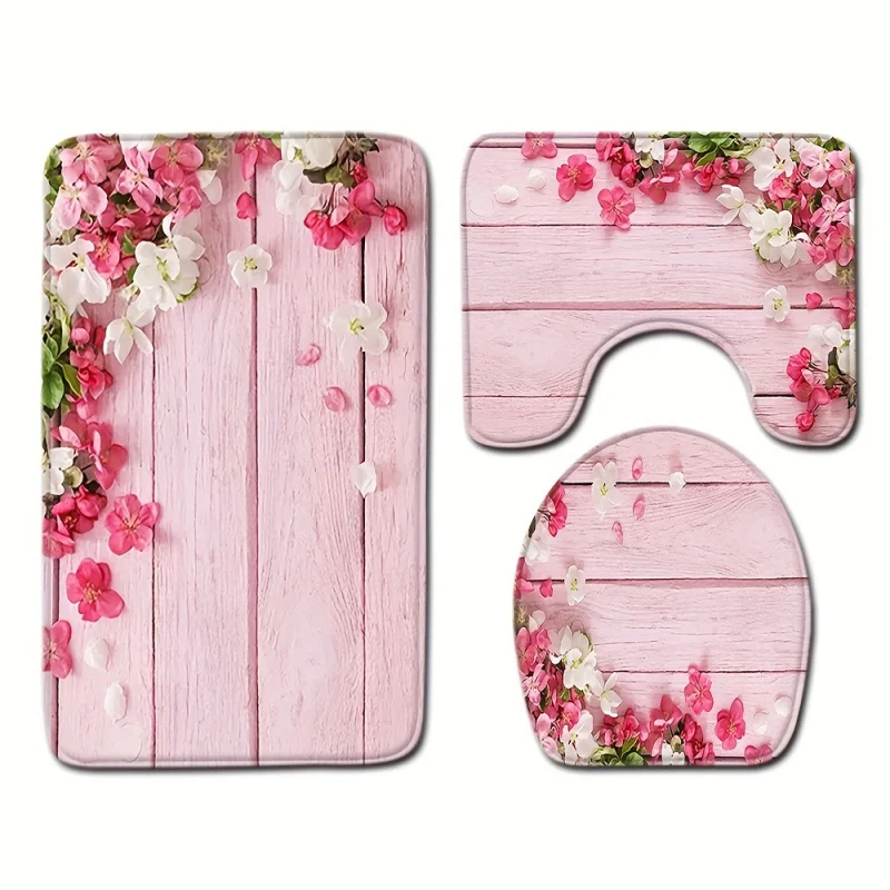 1/3PCs girly pink flowers pattern wooden texture floor mat set, cover, bathroom rug, toilet water absorbent door Ma