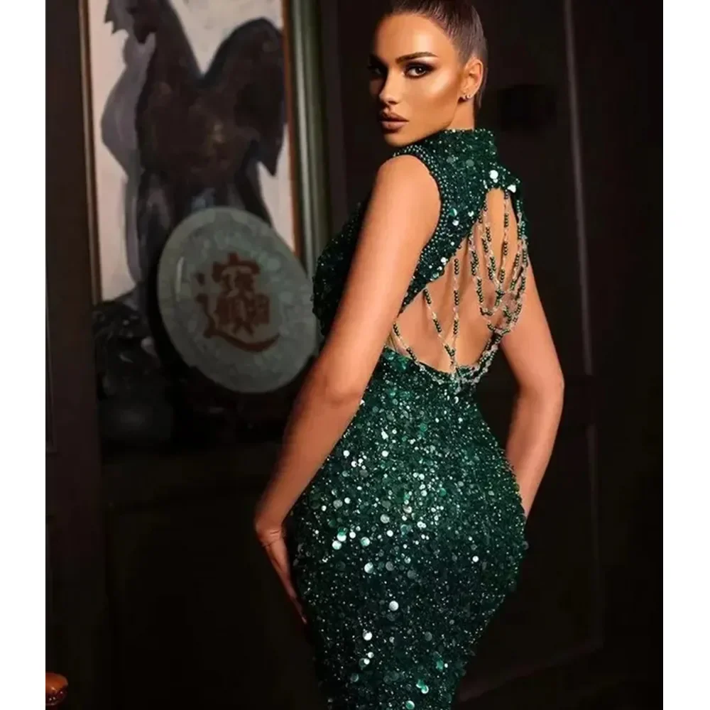 Luxury Arabic Dubai Dark Green Mermaid Prom Dresses Beaded Backless Sequined Evening Formal Engagement Gowns Robe De Soiree 2024