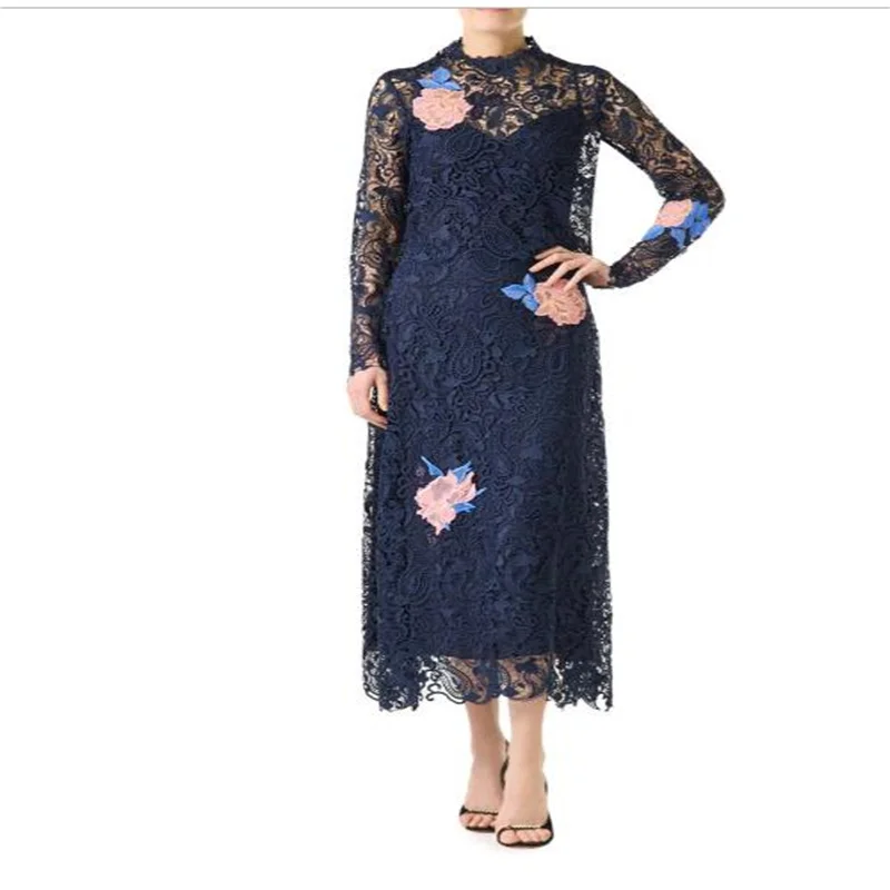 MULONG Hight Neck Dark Blue 2 Piece Mother Of The Bride Dresses  Full Sleeve Lace Tea Length Elegant  Women's Long Evening Dress