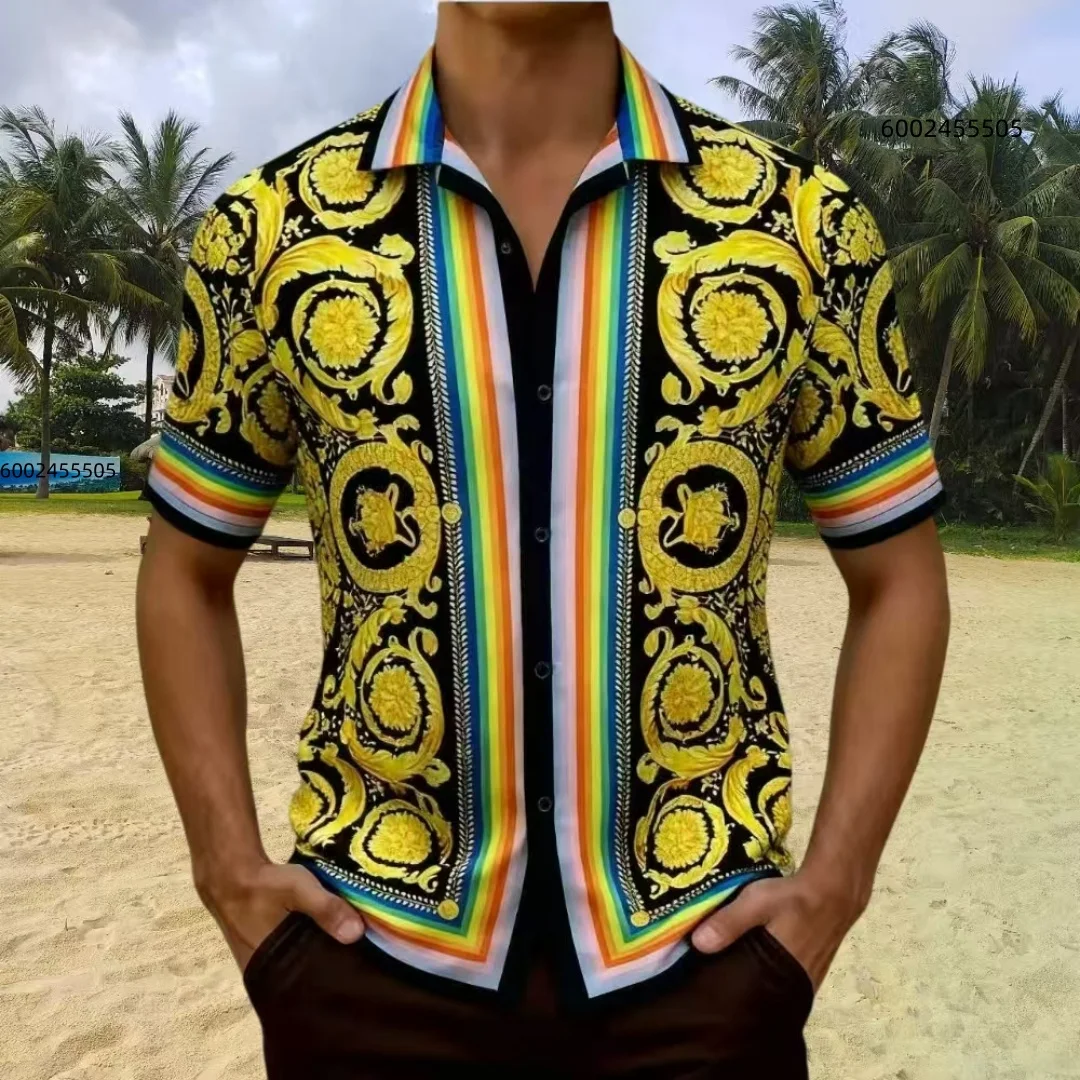 

New high-quality men's short-sleeved shirt with luxurious golden Baroque cord print. Exquisite shirt. Suitable for street wear.