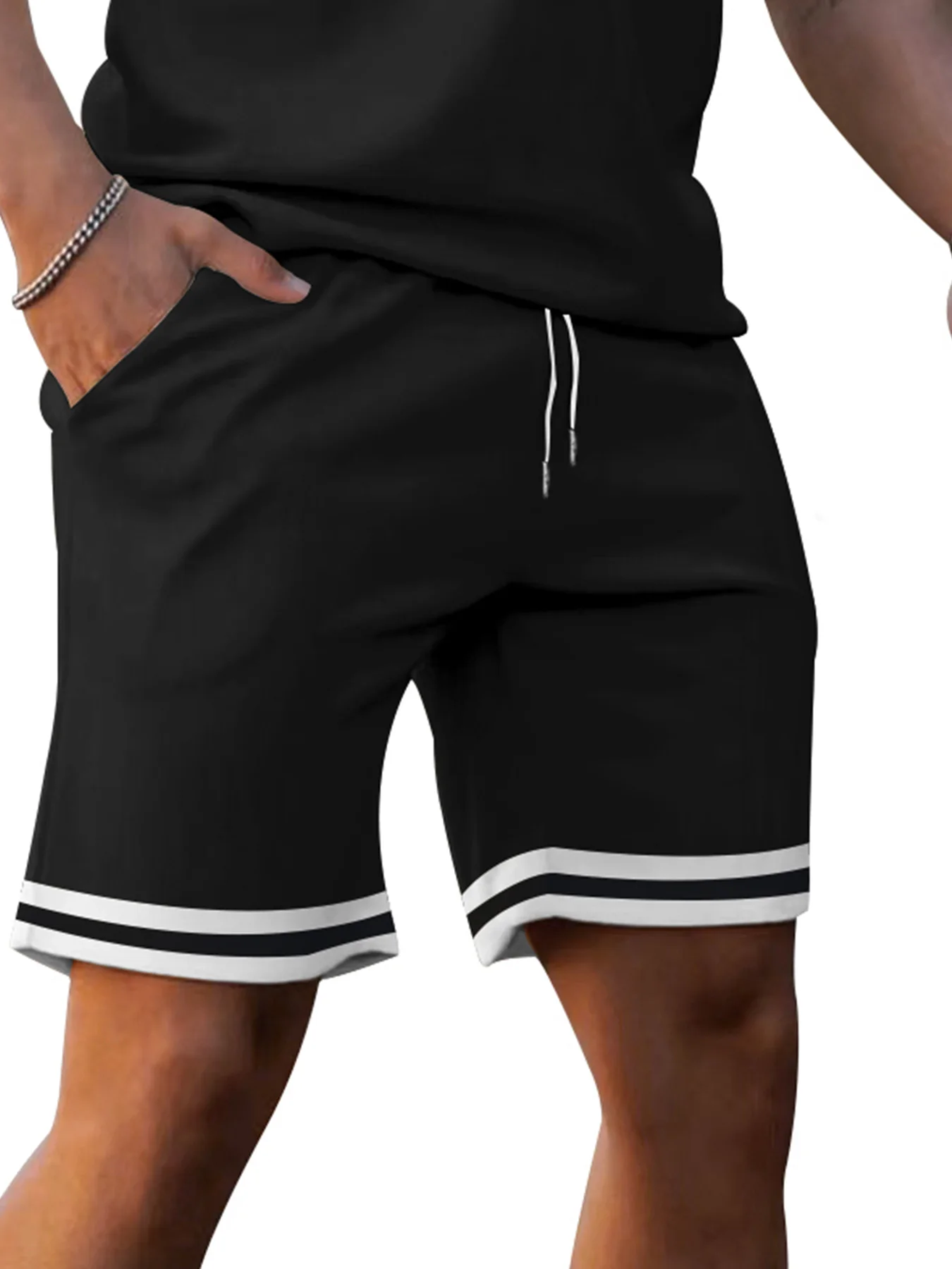 2025 Men's Fashionable Multi-Color Optional Lapel Polo Shirt + Black and White Stripesd Sports Shorts Suit for Daily Casual Sports and Energetic Wear