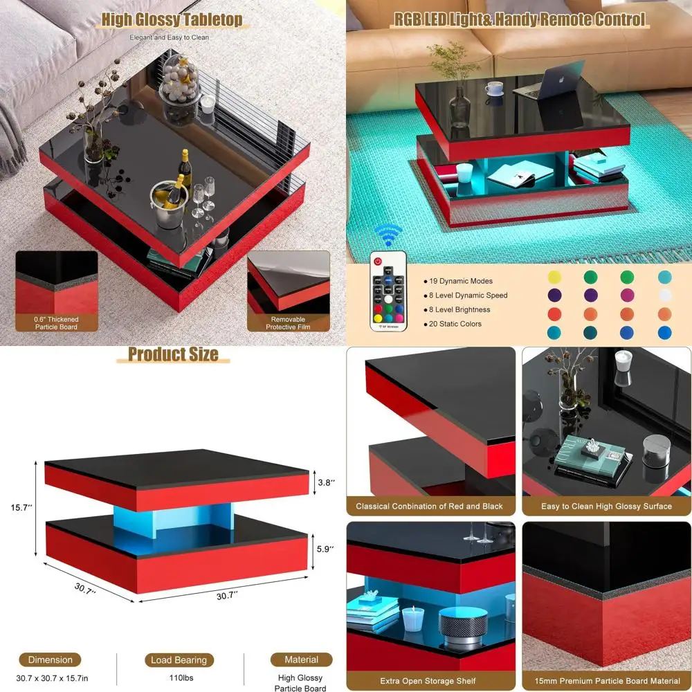 

Современный двухуровневый квадратный журнальный столик с местом для хранения вещей, глянцевая отделка для гостиной и столовых