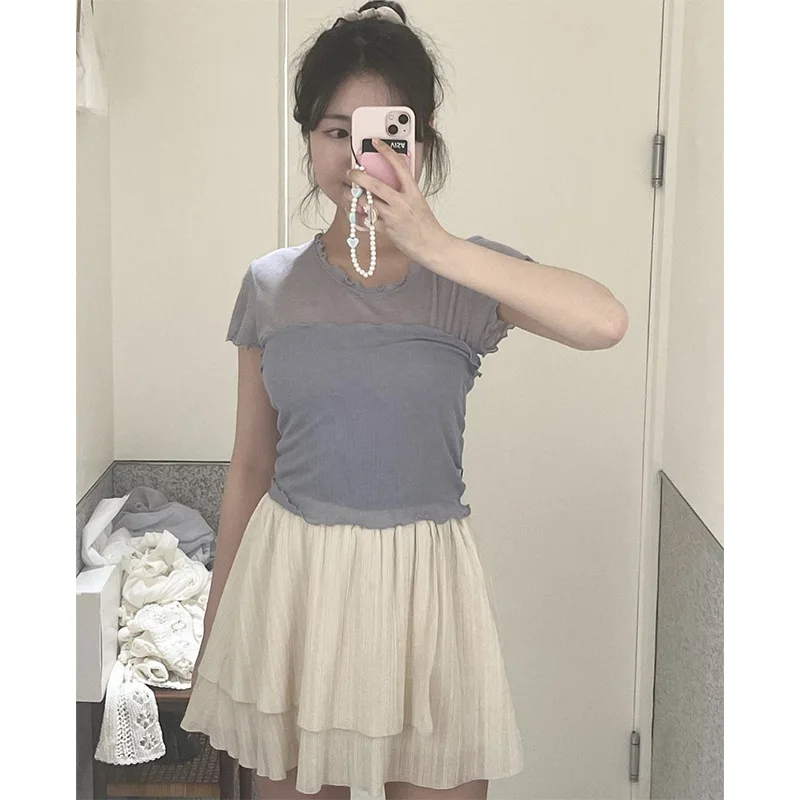 Tannat26 Summer Sweet Lace  Mesh Wrap Chest Short Sleeve Two-Piece Set Casual Slim Fit Knitted Moisture Wicking Summer Top
