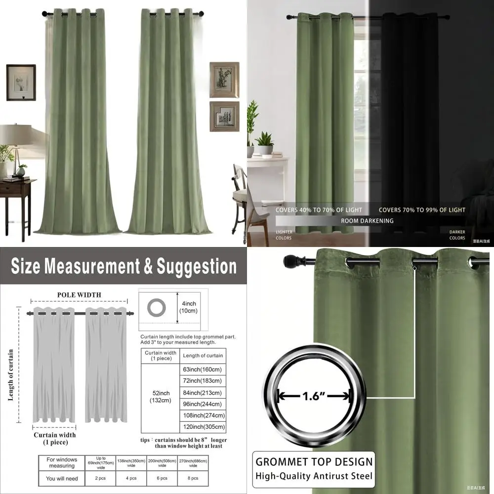 

Luxurious Sage Green Velvet Curtains, 2-Panel, 52x120, Grommet Top, Noise Insulating, Light Filtering for Living Spaces
