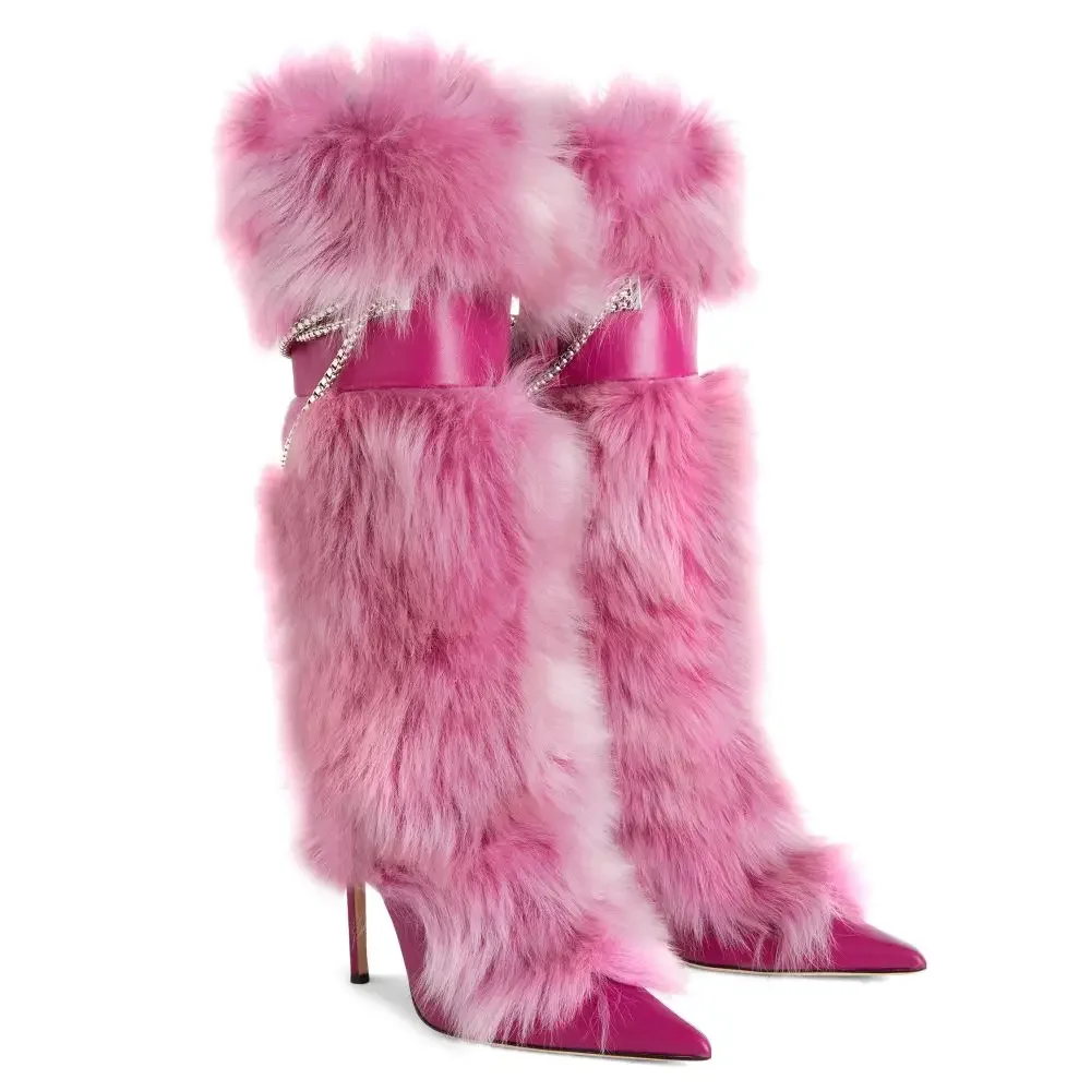 Pointy Toe Knee High Fuchsia Chain Fur Boots Sexy Luxury Women Leather Thin High Heel Buckle Booties Fashion Pink Ladies Shoes