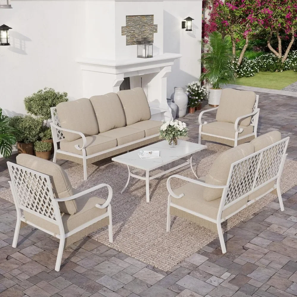 6 Piece Metal Outdoor Patio Furniture Set, Patio Conversation Set 1 3-seater Sofa, 2-seater Sofa, 2 Fixed Sofa with 5.75