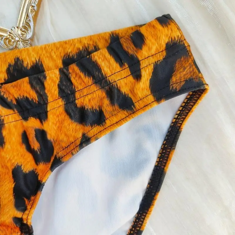 Men Leopards Print Swimming Briefs Low Rise Swim Briefs Drawstring Underwear