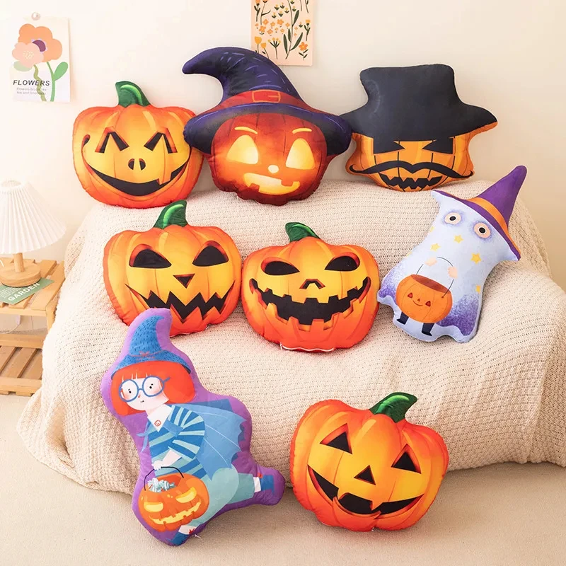 Simulation 3D Print Cloth Pumpkin Funny Wizard Hat Pumpkin Plush Pillow Soft Stuffed Kids Plush Toys Halloween Decor Xmas Gifts