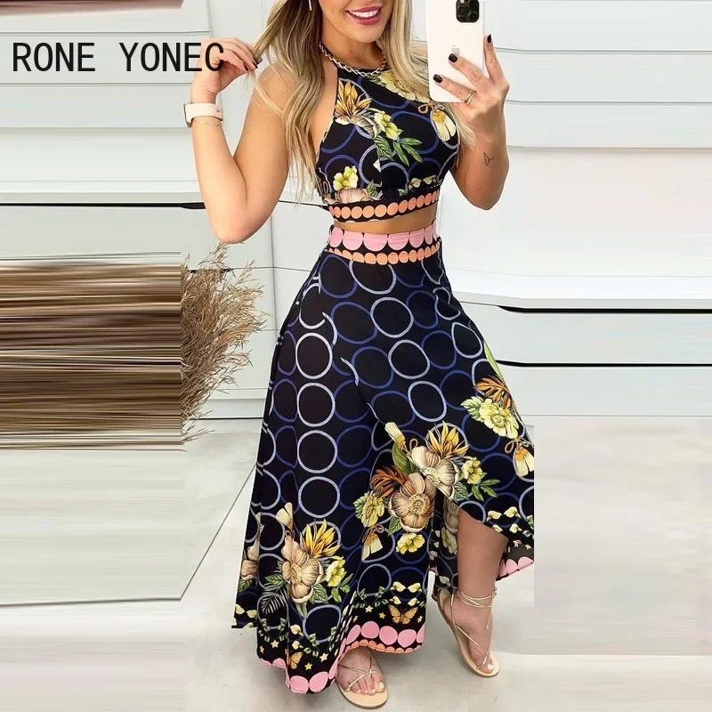 Women Casual Floral Print Halter Lace Up Crop Tops High Silt Skirt Maxi Vacation Skirt Sets