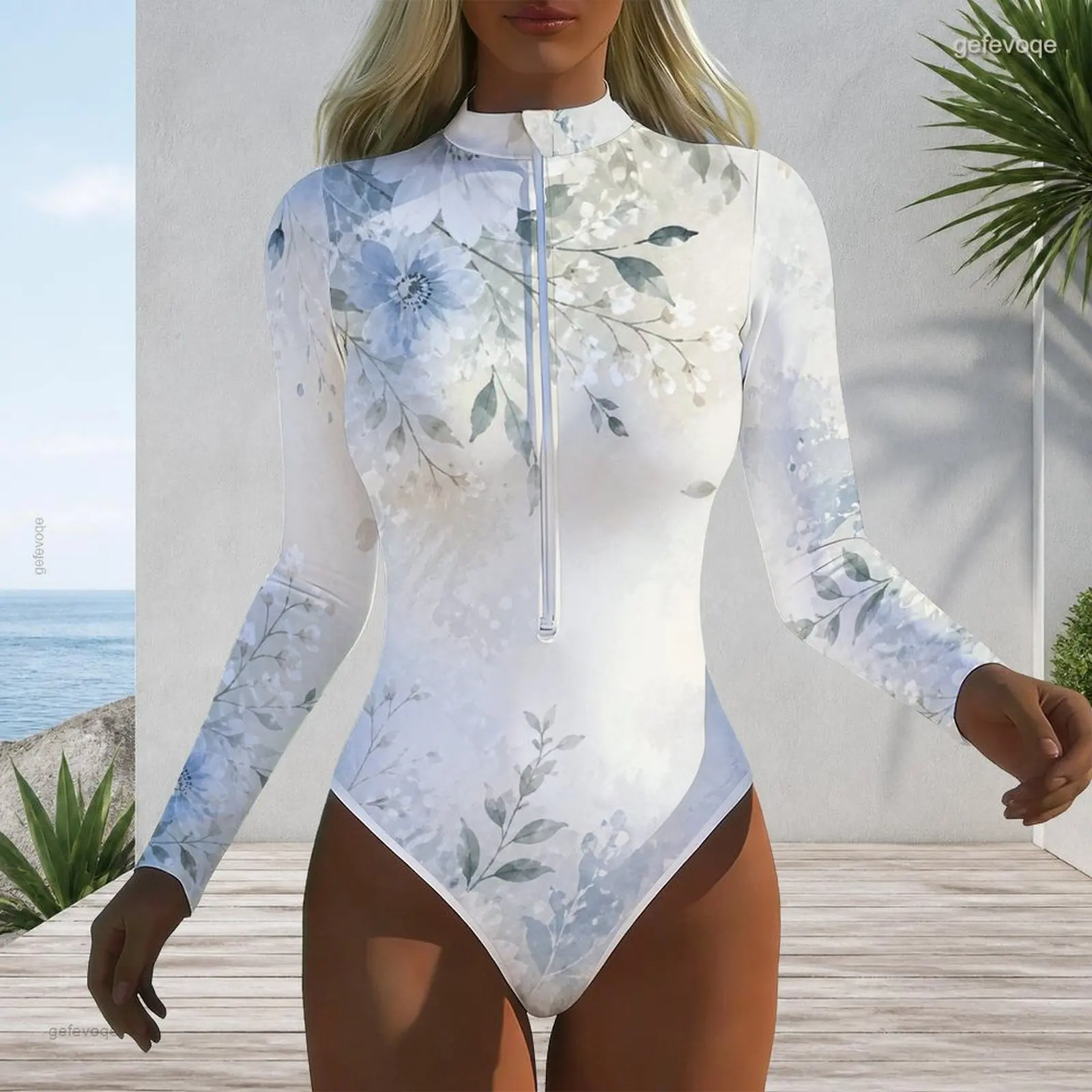 Women High Neck Front Zip Long Sleeve One Piece Printed Swimsuit