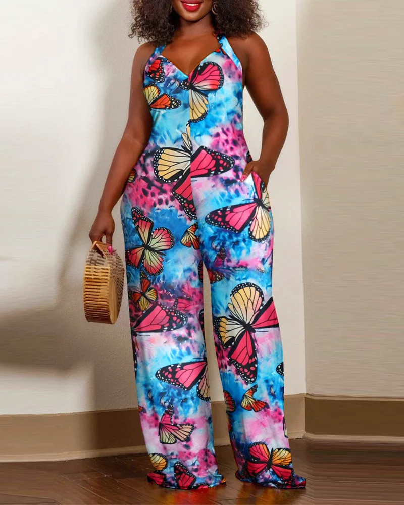 Fashion Butterfly Print Jumpsuit Women Summer Clothing Trend 2024 Halter Backless Pocket Design Wide Legs Long Jumpsuits Overall