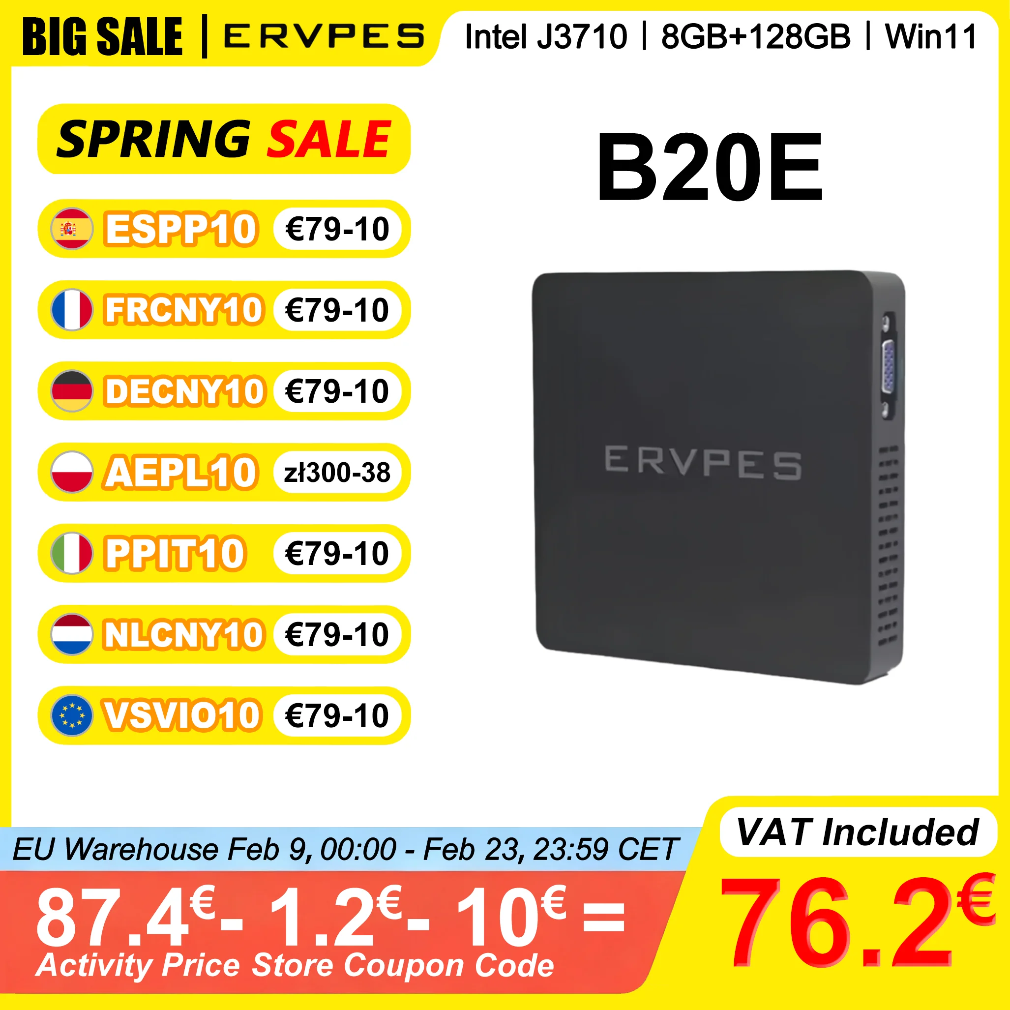 ERVPES B20E Mini-PC 8 GB RAM 128 GB SSD ROM J3710 Windows 11 BT5.2 Apollo Lake Desktop-Mikrocomputer Dualband HDMI Wi-Fi