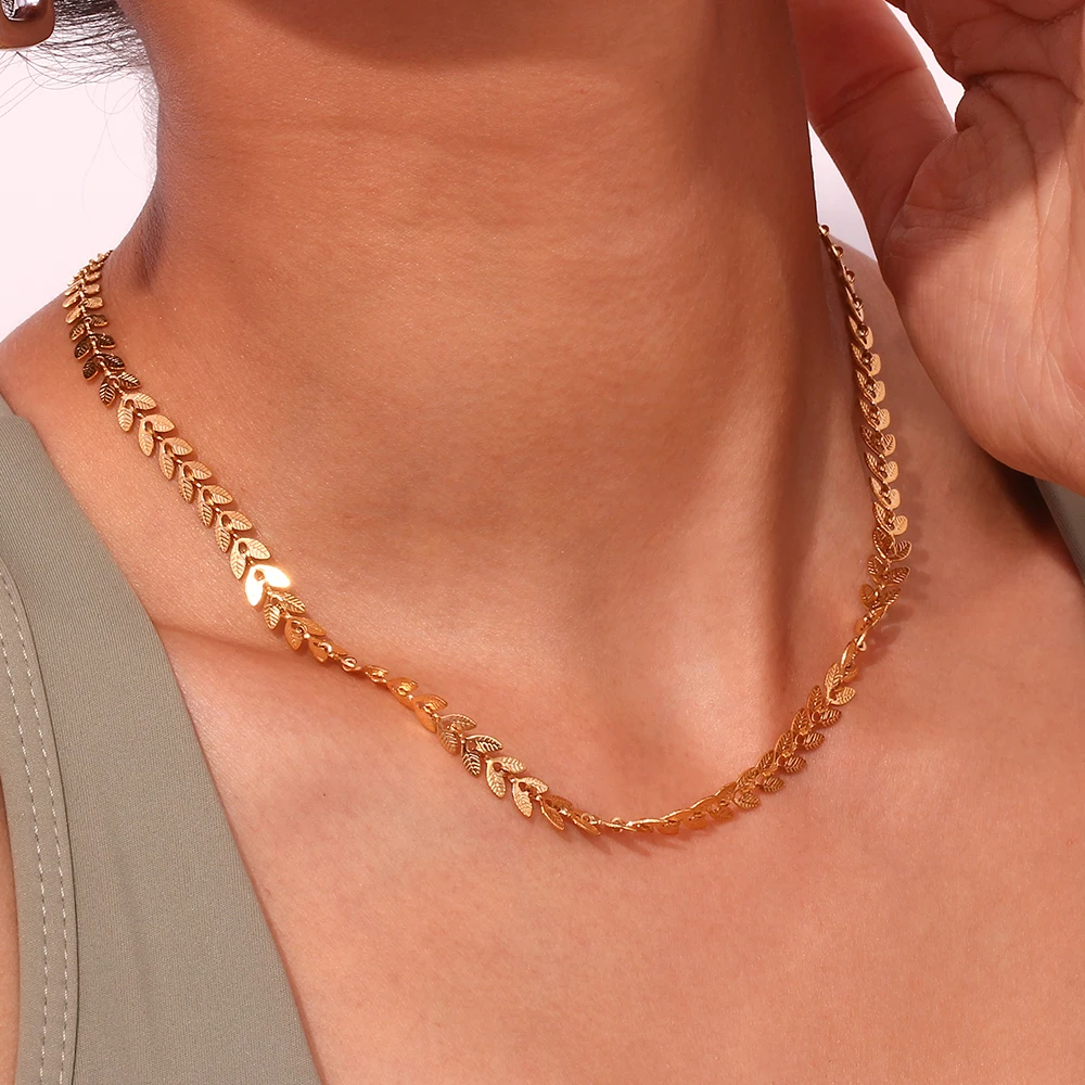 Women's Elegant Leaves Chain Necklace & Fishtail Chain Bracelet Anklet Set, Gold Plated