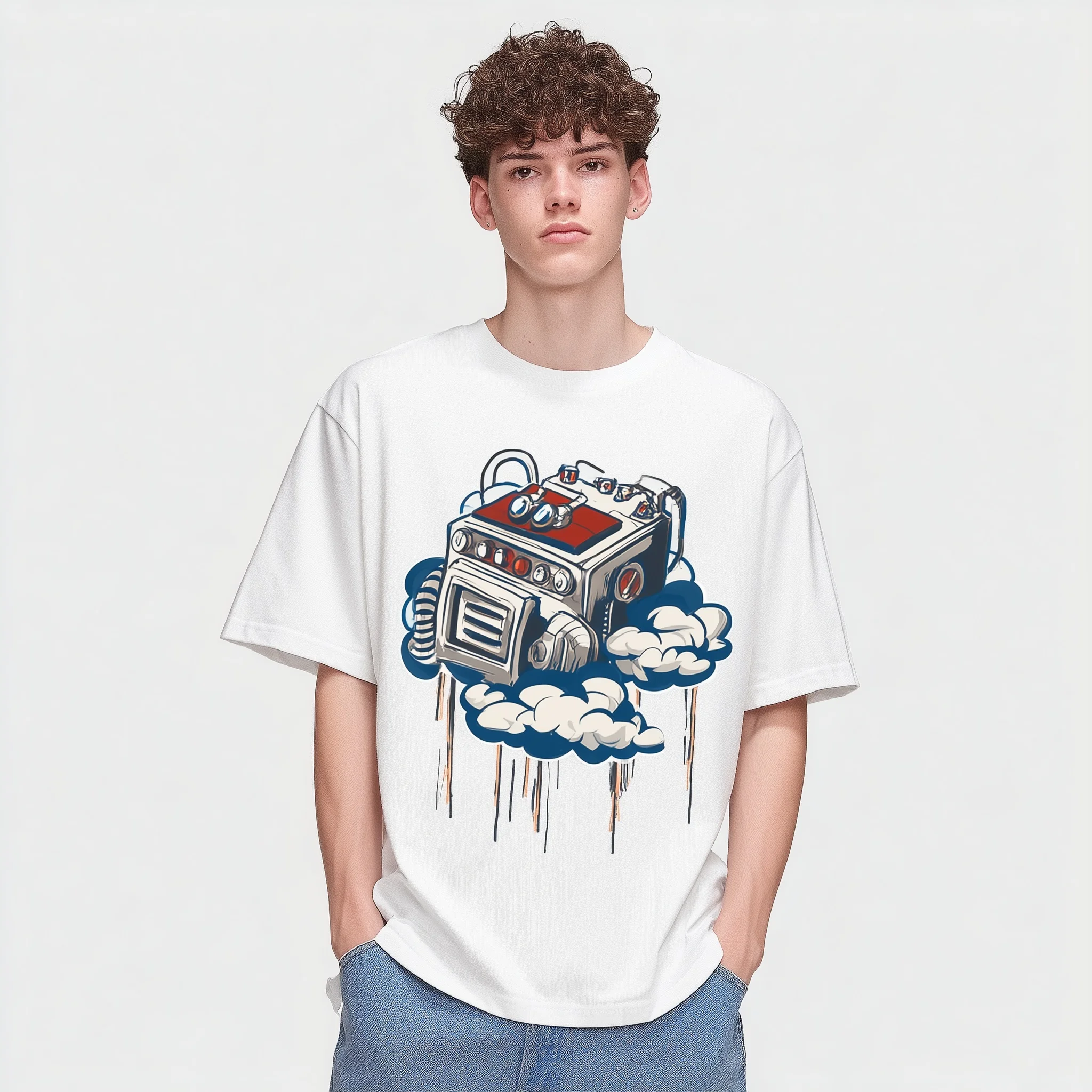 

Teevo Men's Casual T-Shirt White Cartoon Car Clouds Print Daily Wear