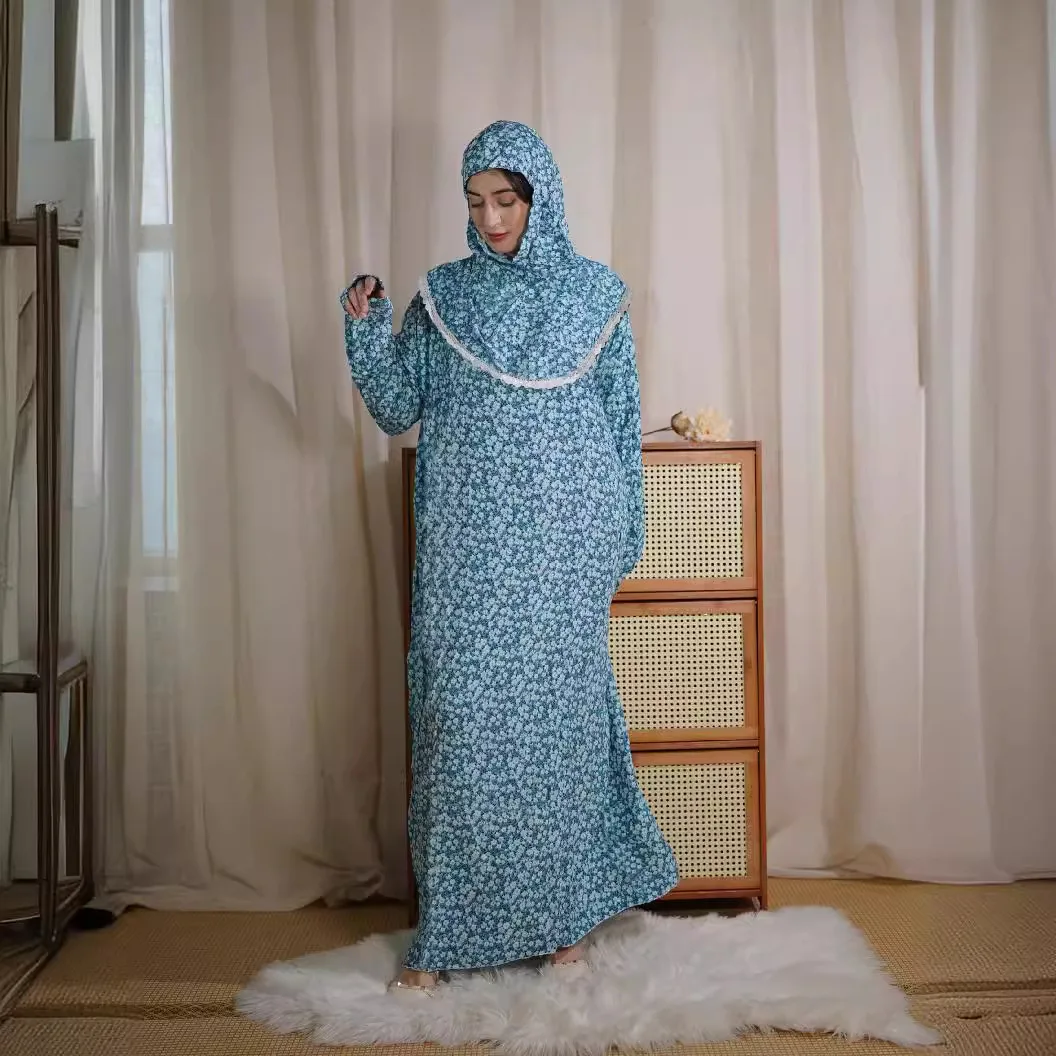 Conjunto de roupas islâmicas confortáveis mulheres muçulmanas tradicional chapéu de renda oração 2 peças jilbab abaya khimar moda vestido impresso terno