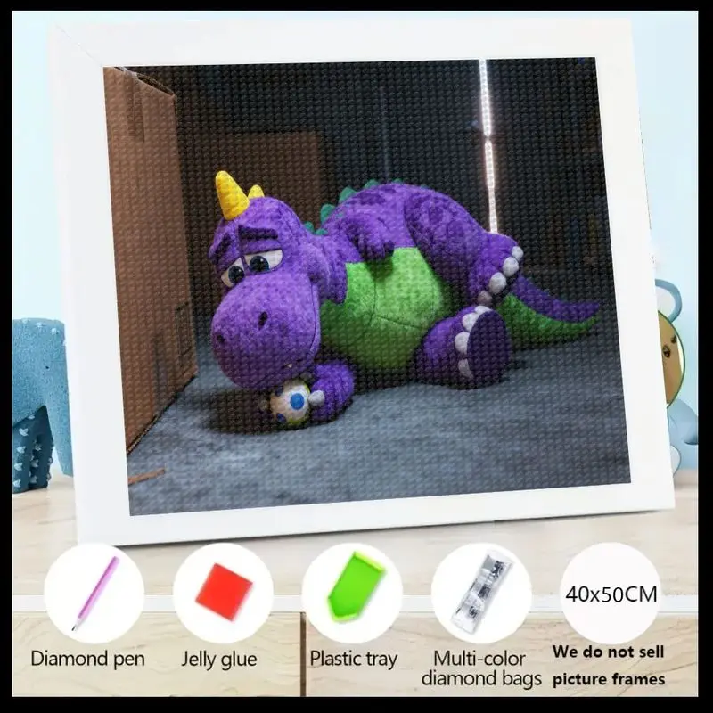 

DIY 5D Full Drill Crystal Diamond Painting Kit, Featuring a Cute Cartoon Purple & Green Sad Dinosaur, Large 40x50cm Rhinestone G