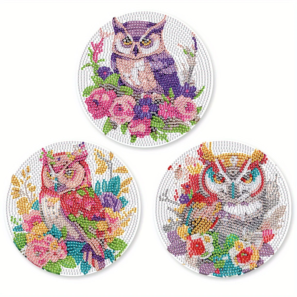 3 stuks Diamond Art schilderij placemat kit, kleurrijke uil diamant ronde placemats ambachtelijke placemats tafel keuken voor Home Decor Gift