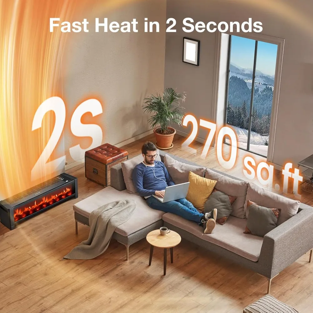 33 inch floor heater, 1500W electric fireplace with top vent, remote adjustable thermostat, 12H timer