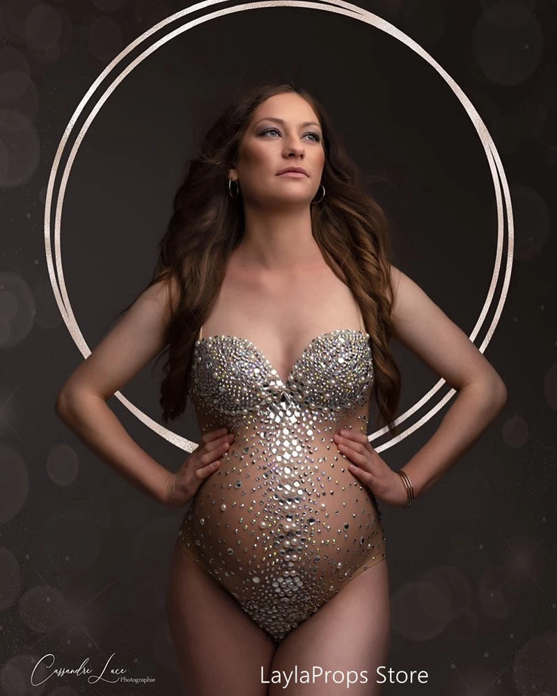 Maternity Photography Goddess Rhinestones Pearls Luxurious Stretch Jumpsuits Pregnancy Dress for Women Photo Shoot Props Fabric