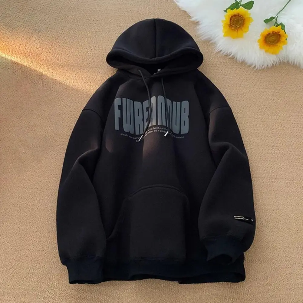 Men Fall Winter Hoodie Letter Print Drawstring Elastic Cuff Thick Plush Big Patch Pocket Hooded Loose Keep Warm Mid Length Top