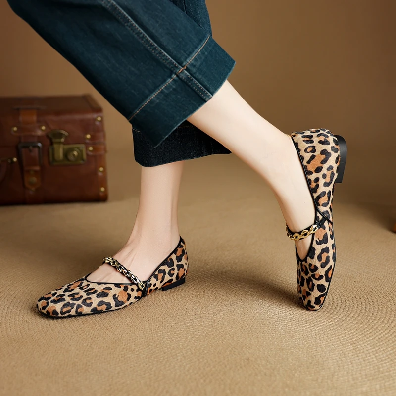 

Women's new leather, cowhide, leopard print square head metal belt buckle, comfortable low heel Mary Jane shoes, fashion single