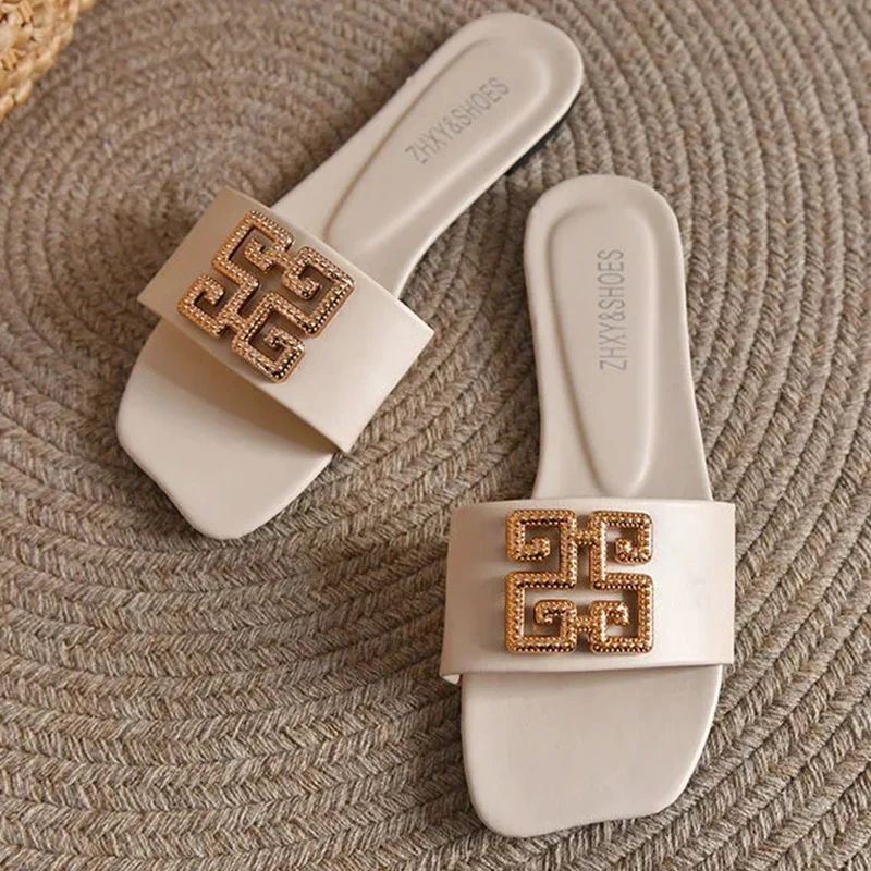 fashion buckle design Flat Casual Slides Women 2023 Summer New Outdoor Beach Sandals Leisure Solid Color slippers Woman Shoes