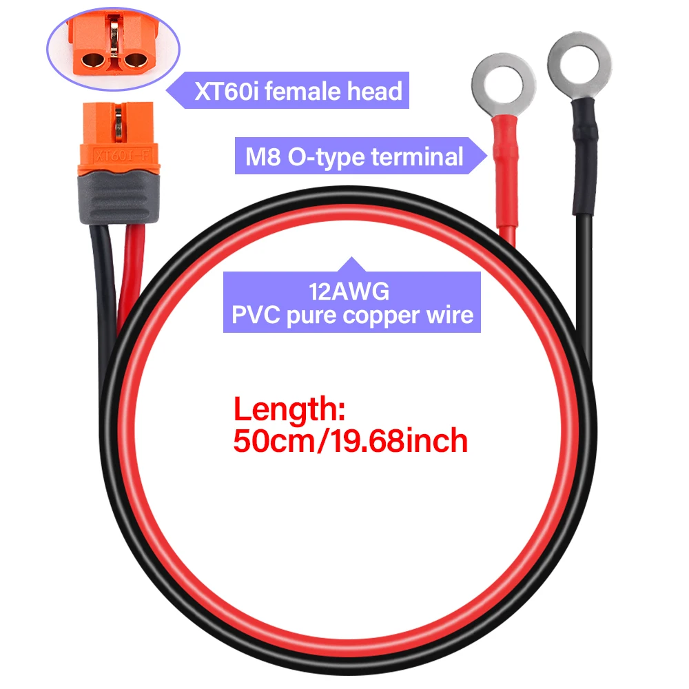 12AWG Solar Connector XT60i Female to O Ring Terminal Cable 50cm Extension Cable Charger For RC Battery Motor Solar Generator