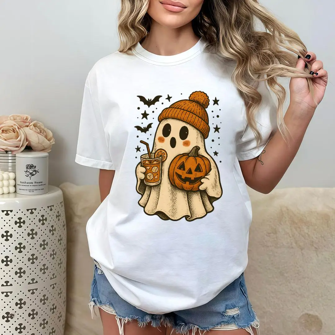 

"Cute Ghost Pumpkin Halloween Graphic Tee | Spooky Fall T-Shirt with Coffee Cup Print | Casual White Oversized Top"