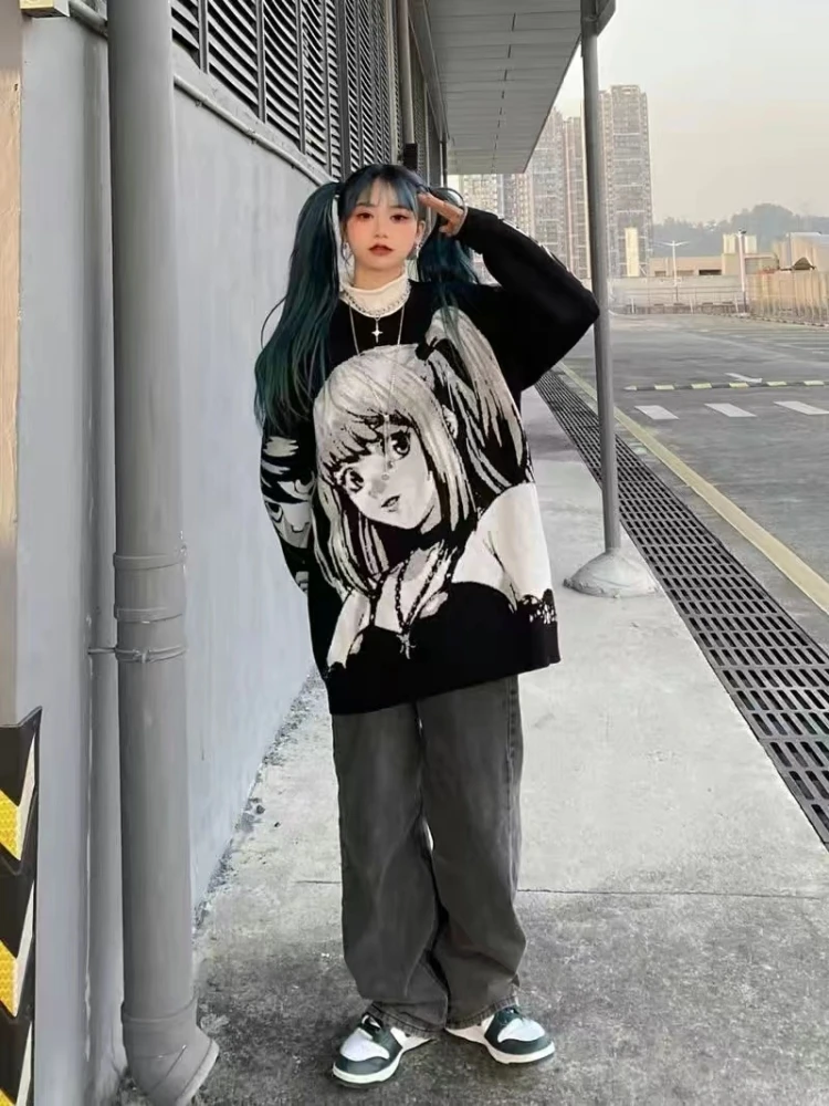 Y2K kobiety hiphopowy sweter w stylu Harajuku Vintage styl japoński dziewczyna Anime dzianiny miękkie swetry swetry ubrania damskie — zdjęcie 2