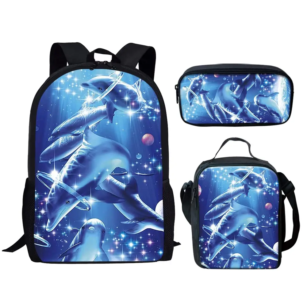 Fantasy Galaxy Moon Dolphins ชุดกระเป๋าเป้สะพายหลังสําหรับวัยรุ่น Boys Girls กระเป๋าเป้สะพายหลังแล็ปท็อปขนาดใหญ่ความจุกระเป๋านักเรียนสําหรับเดินทาง Daypack