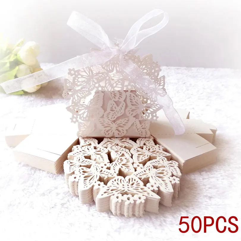 50pcs Butterfly Laser Cut Hollow Carriage Favor Gifts Candy Boxes With Ribbon Custom Baby Shower Wedding Party Favor Decoration