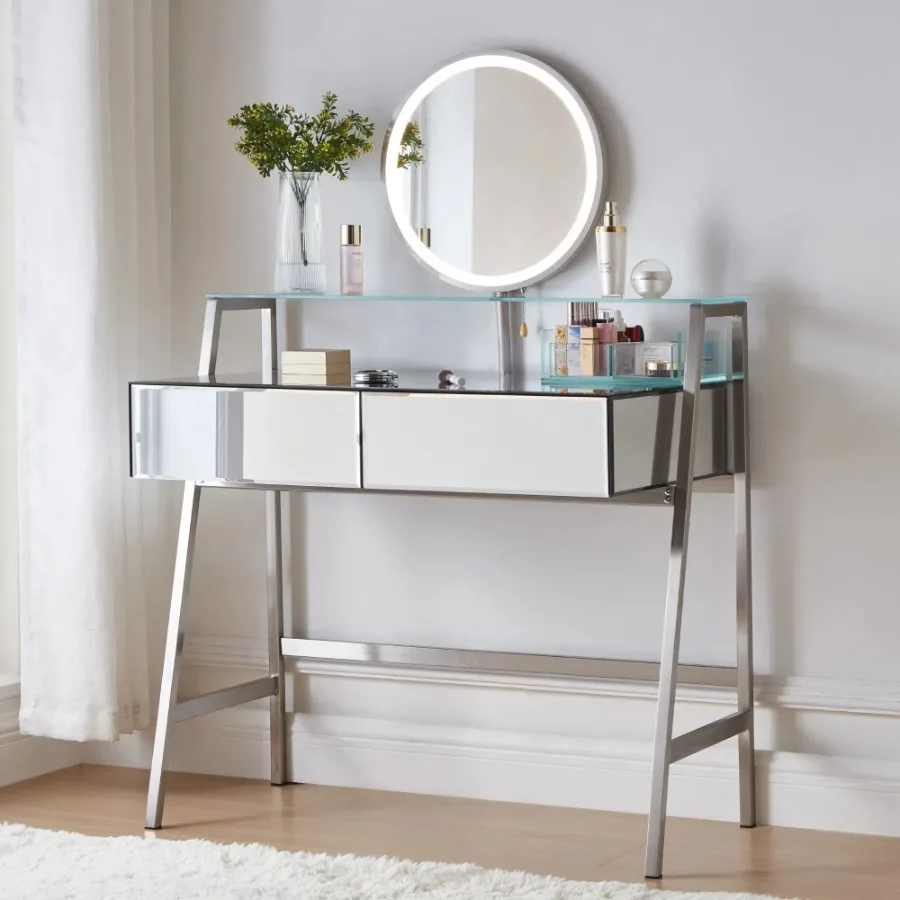 

33.9 Mirrored Makeup Vanity Desk with Mirror and Lights Mirrored Console Vanity Table with 2 Big Drawers Open Shelf Dressing Ta