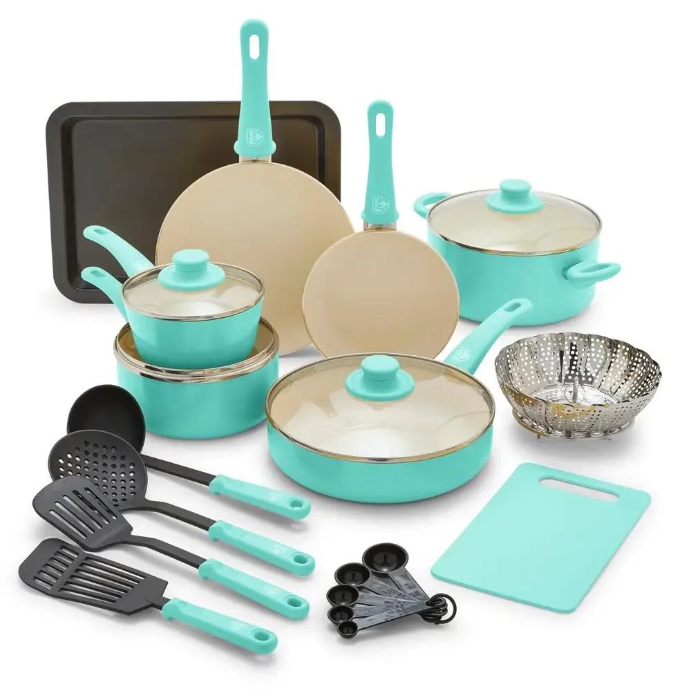 18-Piece Healthy Ceramic Cookware Set Nonstick Soft Grip Turquoise Oven & Dishwasher Safe