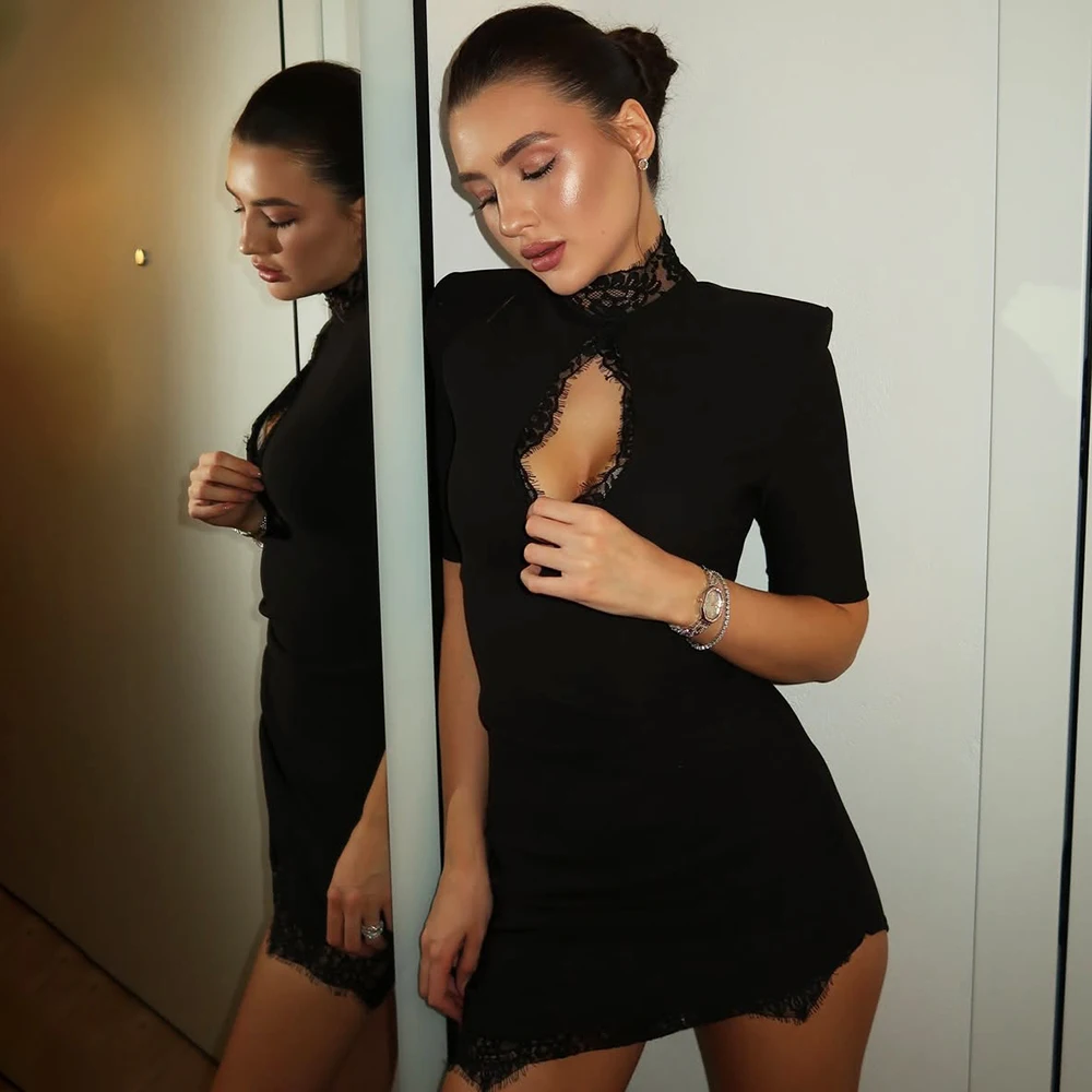 

Talenza Women Black Lace Dress Vintage Sexy Hollow Out Lace Patchwork Mini Dress New High-Waisted Hot Girl Party Dress Vestidos