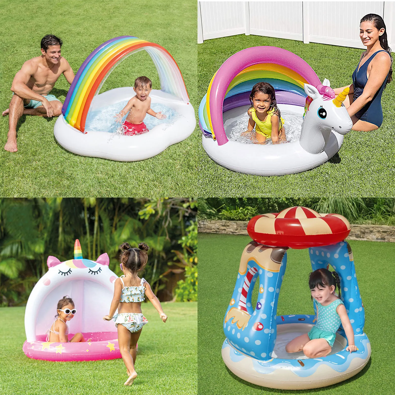 Piscina inflable con diseño de unicornio arcoíris para niñas, Fondo de suelo suave de 1 a 3 años, sombrilla integrada, tienda de campaña divertida