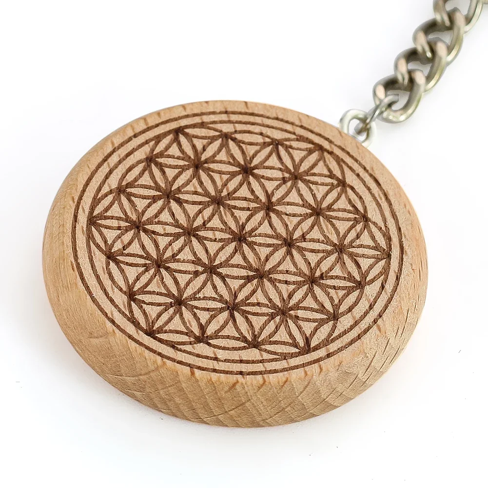 Vintage Wood Flower of Life Keychain for Men and Women Wallet Handbag Pendant Car Key Accessories Geometry Jewelry Party Gift