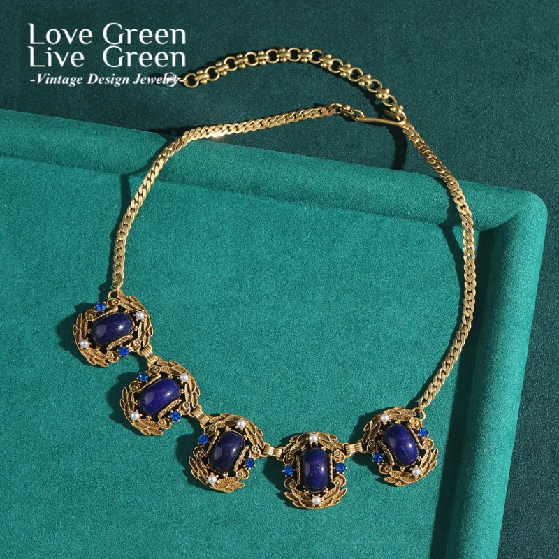

Bohemian Jewelry Vintage Choker Necklace Gothic Blue Square Natural Stone Gold Color Carving Flower Antique Women'S Accessories