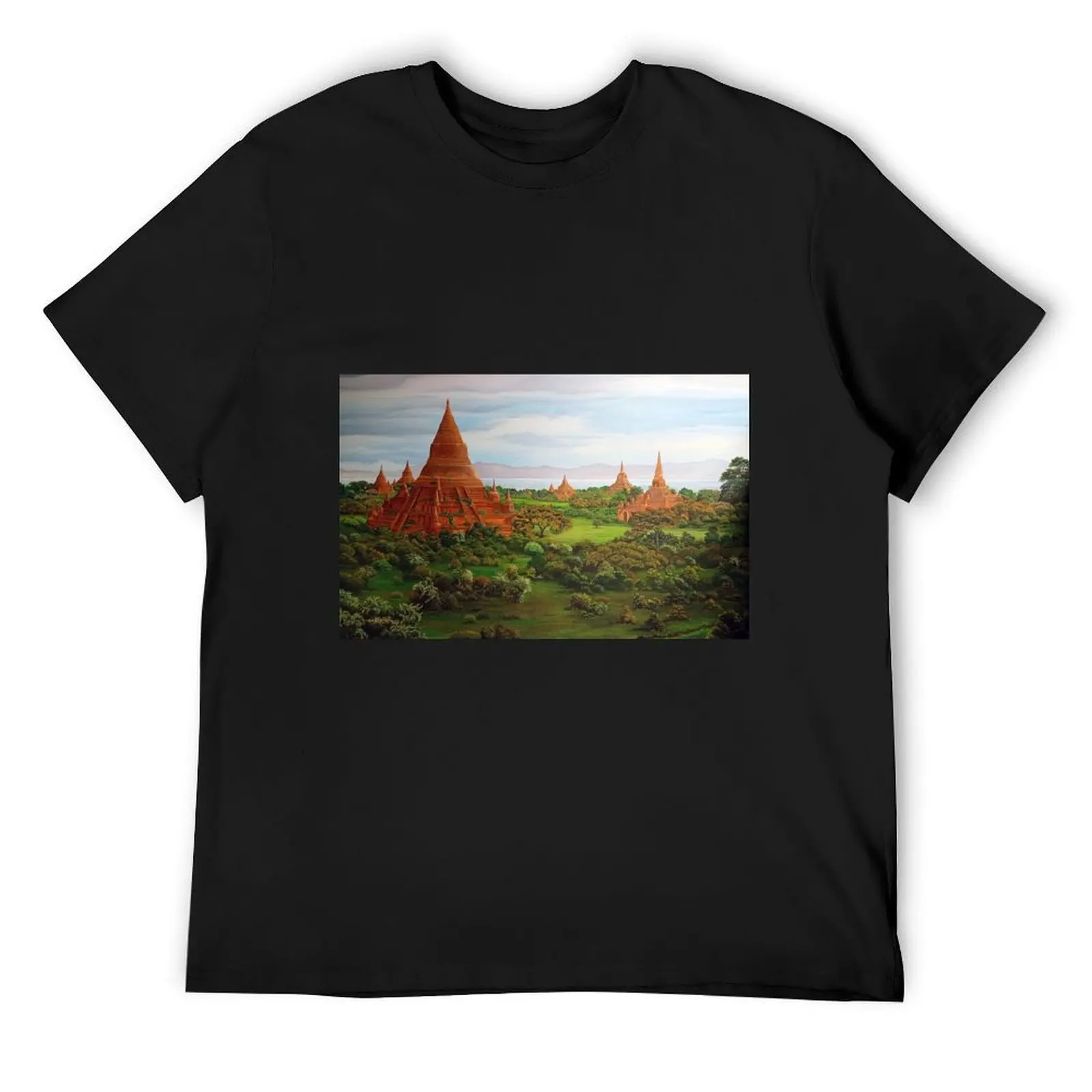 Pyramid temples of Buddha in Myanmar plain landscape painting T-Shirt hippie clothes plus size men clothing