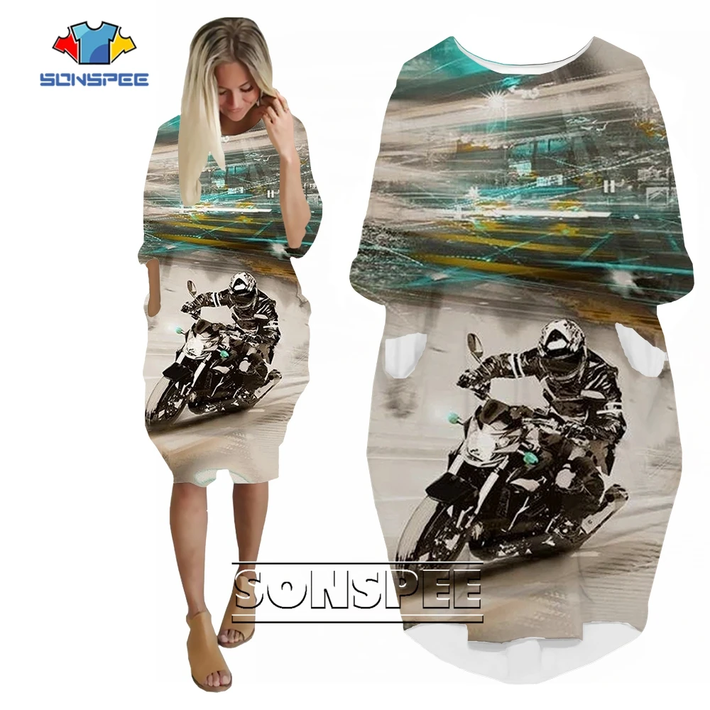 

SONSPEE Motorcyclist Harajuku Fashion 3D Print Pockets Skirt Racing Driver Pattern Robe Lady Loose Punk Style Dresses for Women