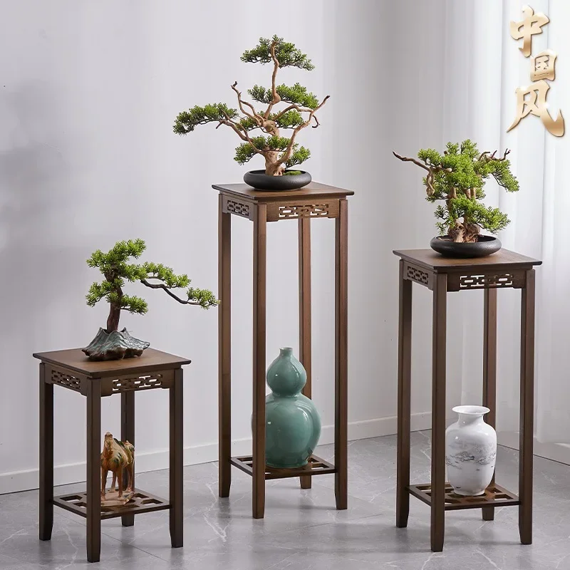 New Chinese Flower Pot Frame Nanzhu Carving Retro Flower Frame Shelf Indoor Balcony Heightening Potted Plants