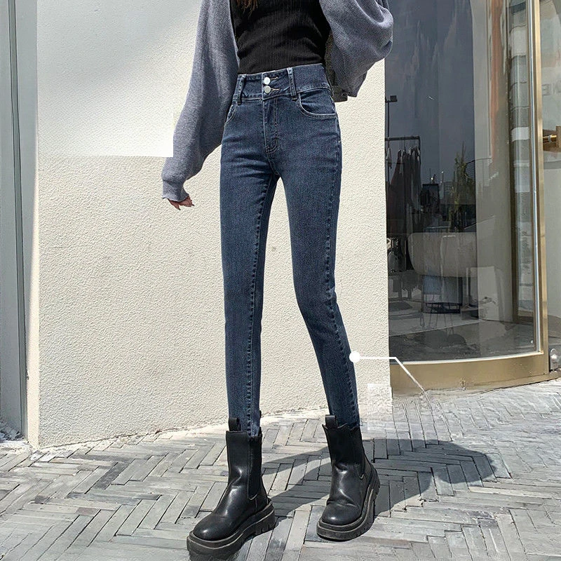 High Waist Pencil Skinny Autumn Warm Plus Velvet Thicker Trendy Elastic Leisure Solid Simple Office Ladies All-match Soft Cozy