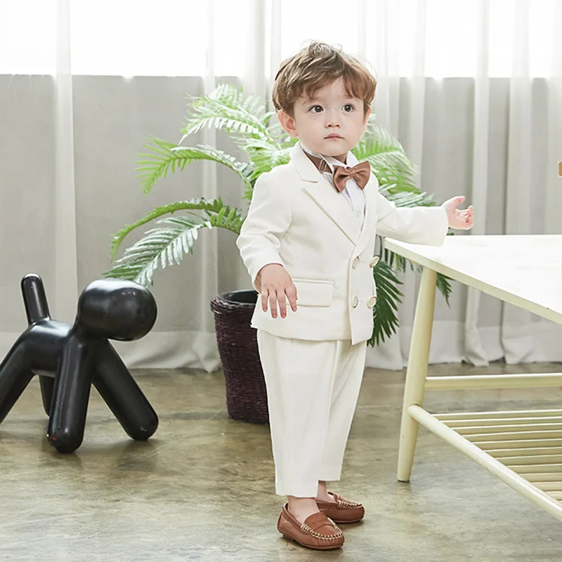 Gentleman Kids Summer White Photography Suit Children Jacket Pants Bowite 3PCS Performance Costume Baby Birthday Wedding Dress