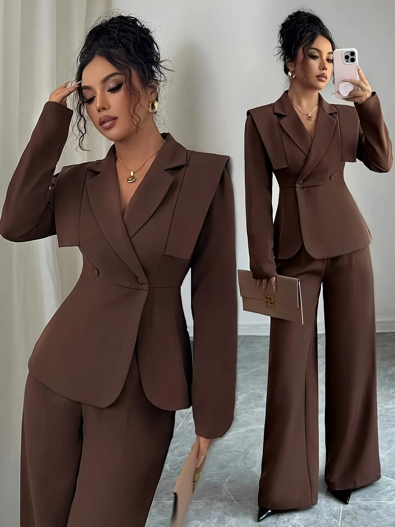 Two-Piece Set: Fitted Blazer with Ruffled Shoulders and High-Waisted Wide-Leg Pants; Unique Three-Dimensional Shoulder Design, F