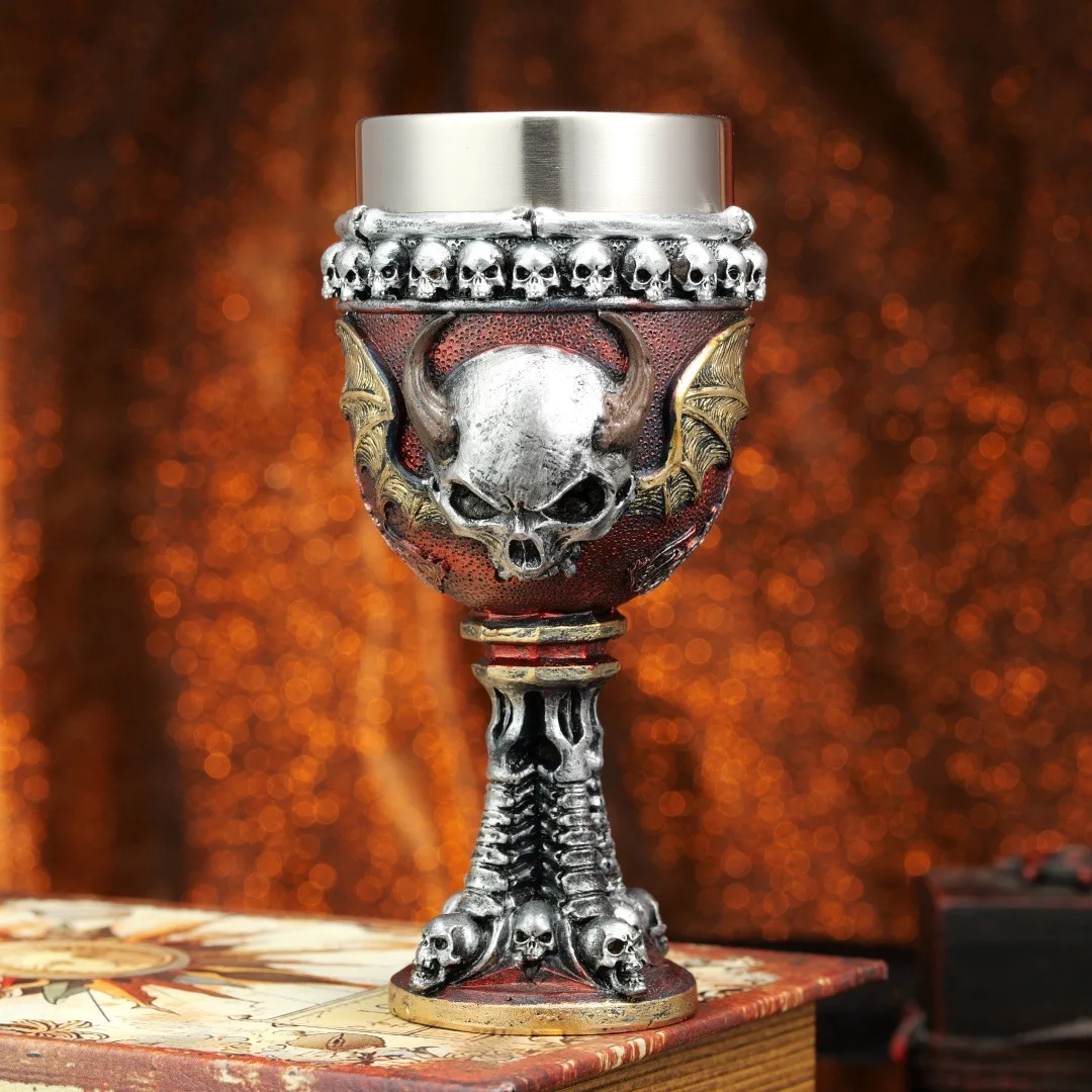 Dark Gothic Skeleton Bat Goblet Stainless Steel Insert Demon Skull Chalice Halloween Wine Glass Whiskey Cup