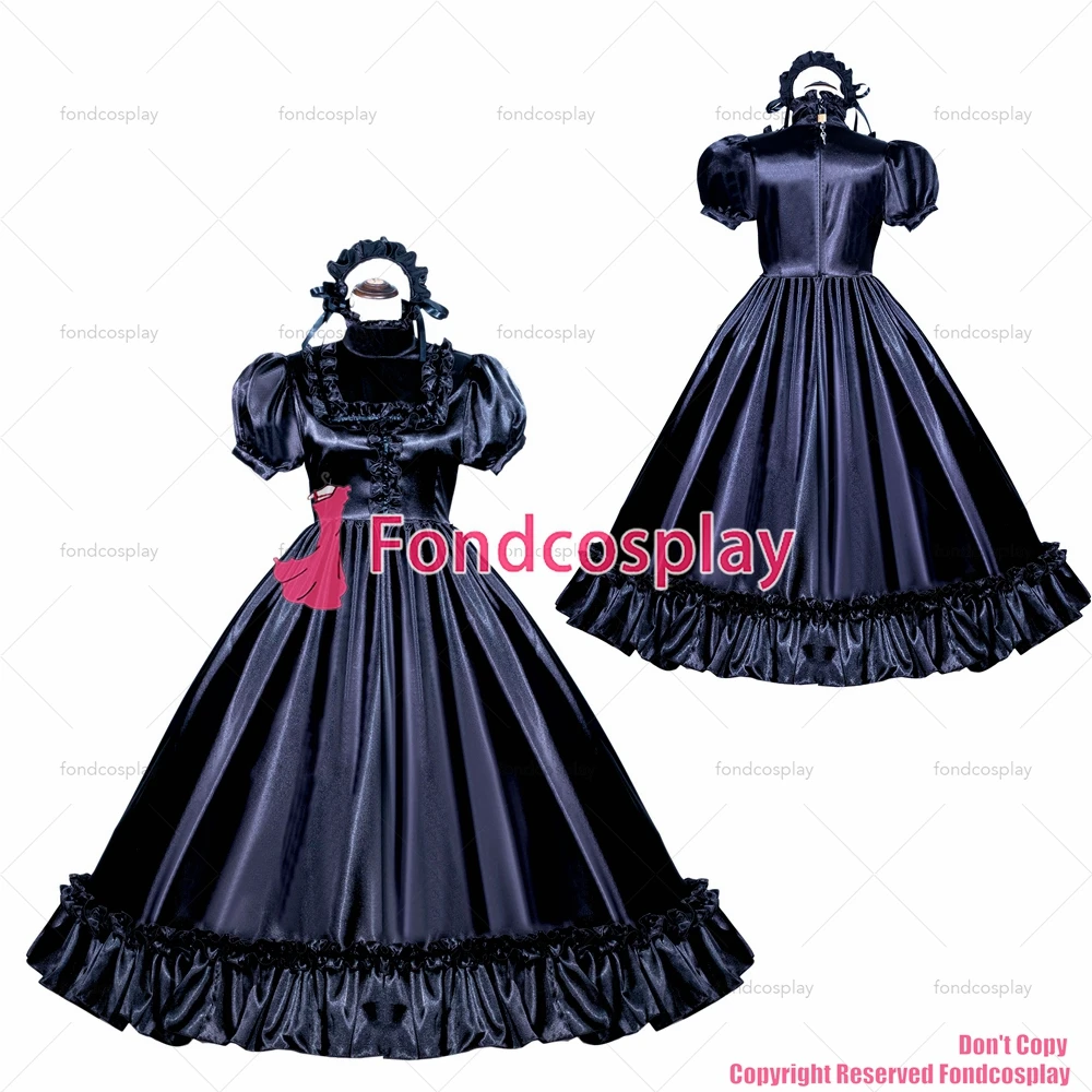 fondcosplay adult sexy cross dressing sissy maid long French Lockable Black Satin Dress Uniform Costume CD/TV[G3988]