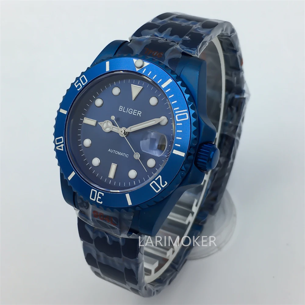 Reloj de buceo galvanizado para hombre, pulsera de acero inoxidable, cristal de zafiro, movimiento automático, correa de goma, caja azul, NH35, 40mm