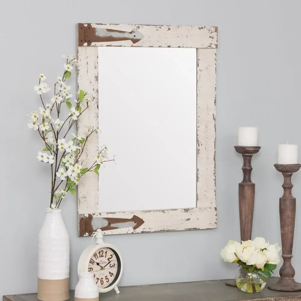 Rustic Arrow Hinges Farmhouse Mirror Distressed White Wood Frame 30