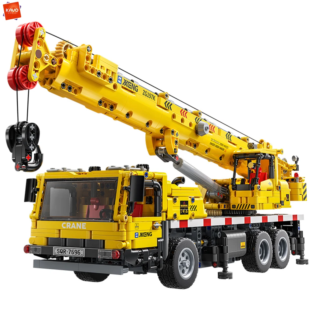KAVOWORLD 2064PCS Gele Mobiele Kraan Bouwblokken Techniek Voertuigmodel met Mechanische Aandrijving Kerstcadeaus voor Kinderen