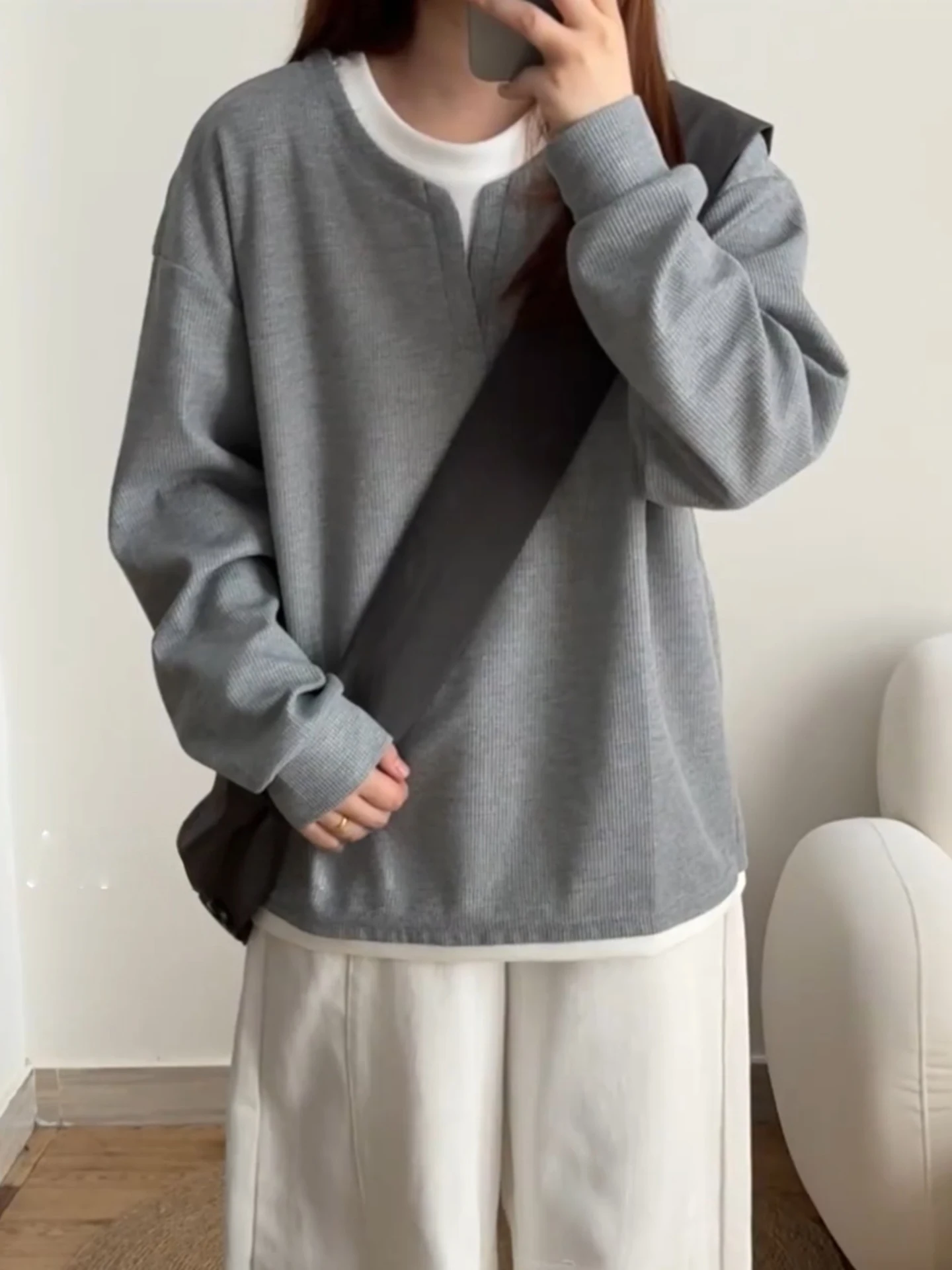 

Мужской свитшот в стиле ретро-американский, двухслойный, с V-образным вырезом, длинный рукав, базовая одежда, модный бренд, осенняя коллекция