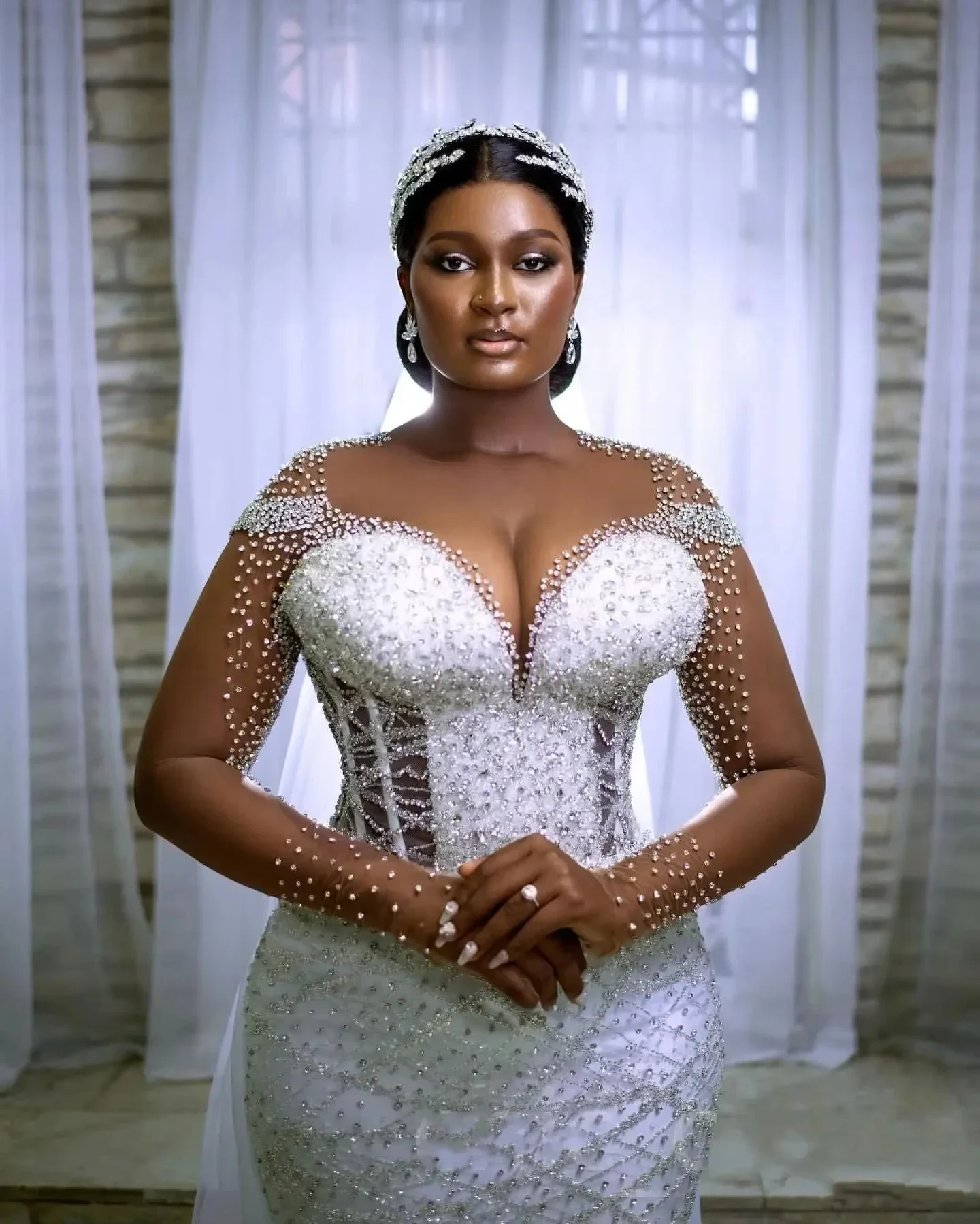 Customized  Beads Sequins Mermaid Arabic Aso Ebi Wedding Dress for Bride Long Sleeves Open Back Bridal Gown Removable